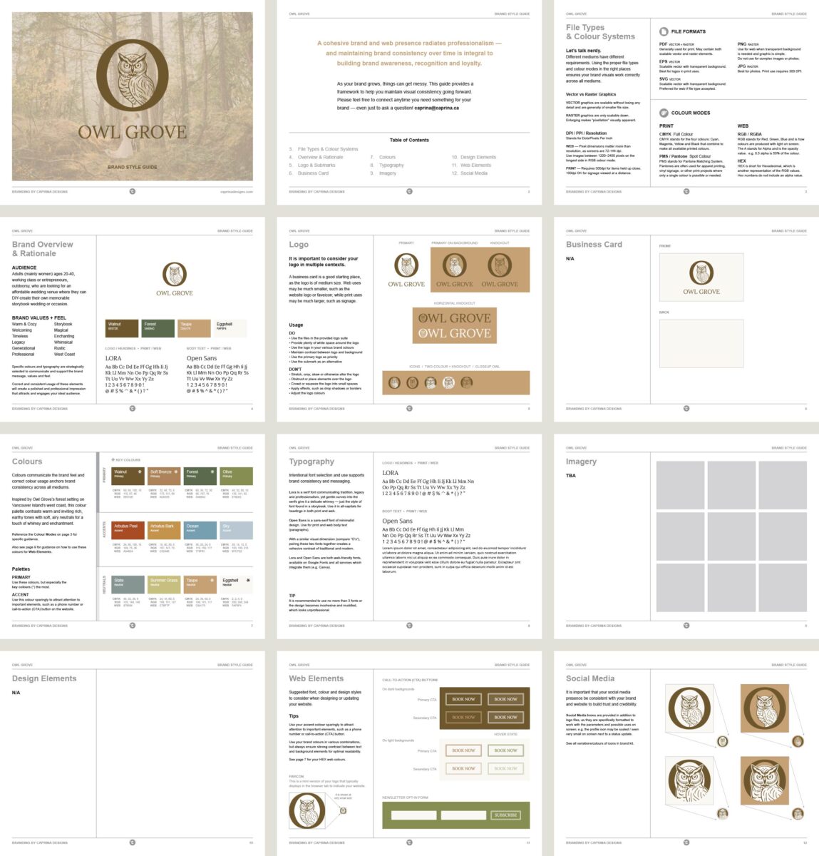 Brand Style Guide for Owl Grove Wedding Venue