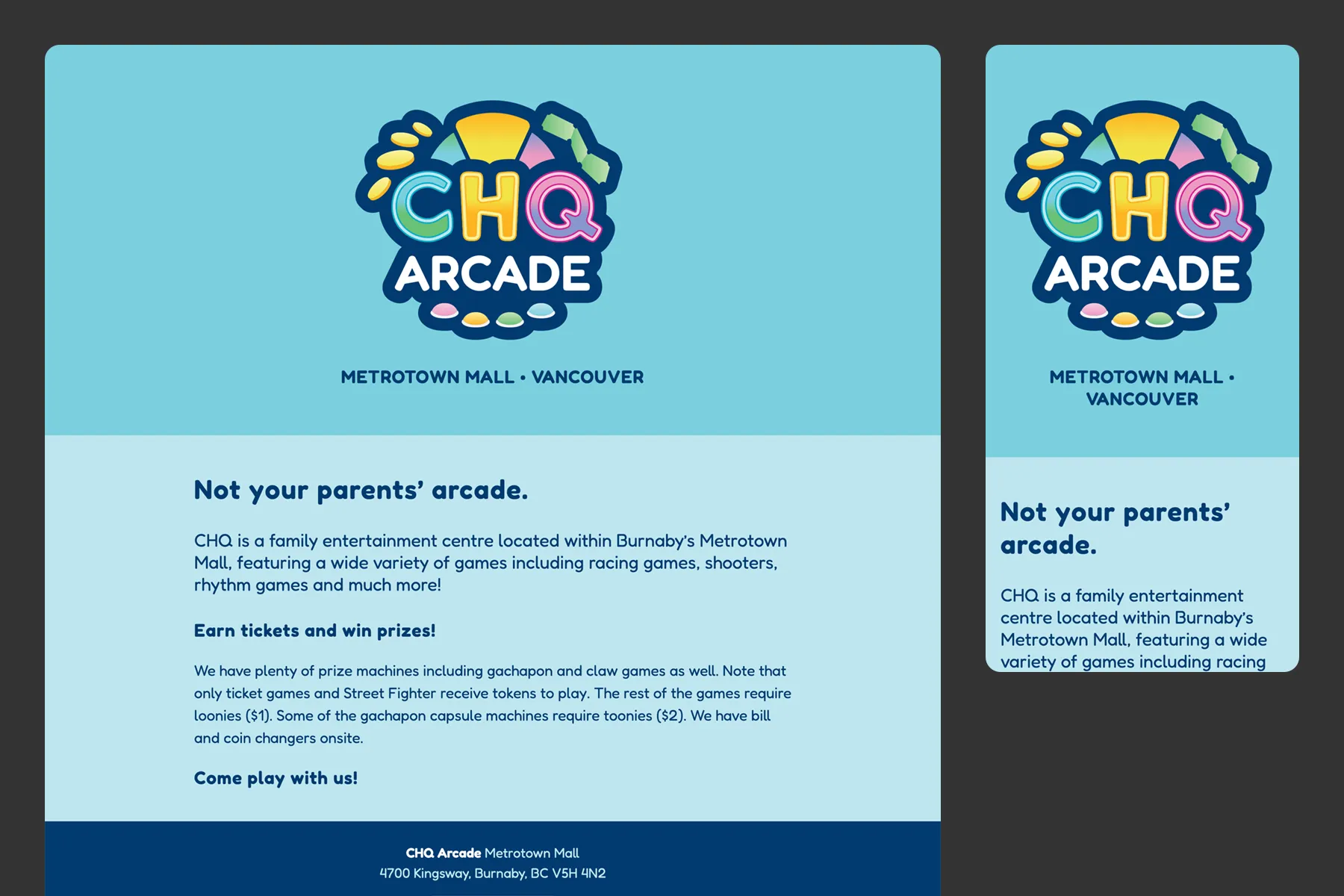CHQ Arcade Mini Website by Caprina Designs