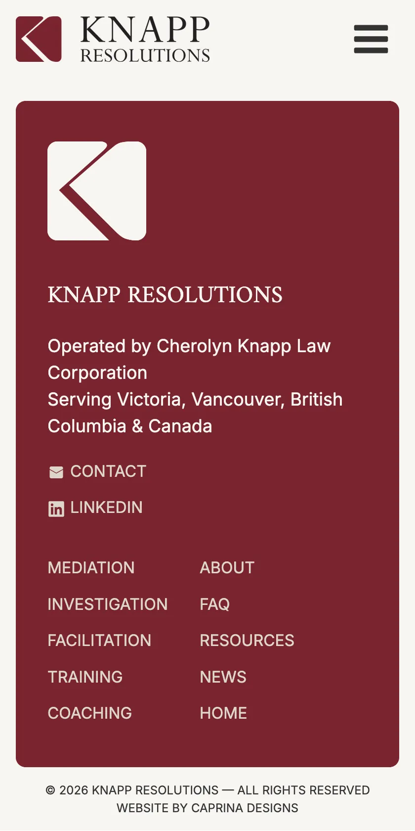 Knapp Resolutions Mobile Website: Footer
