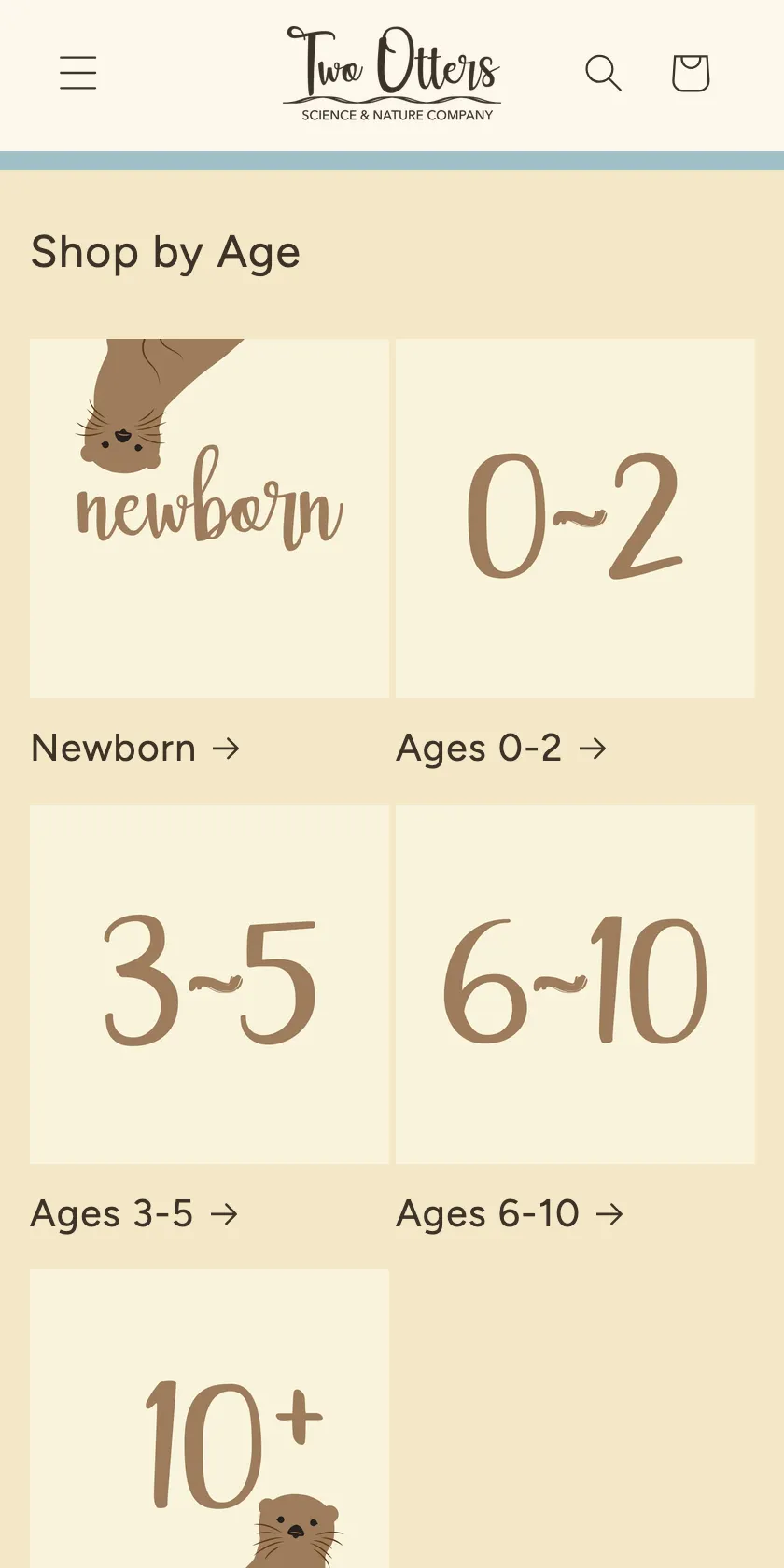 Two Otters Mobile Website: Shop by Age